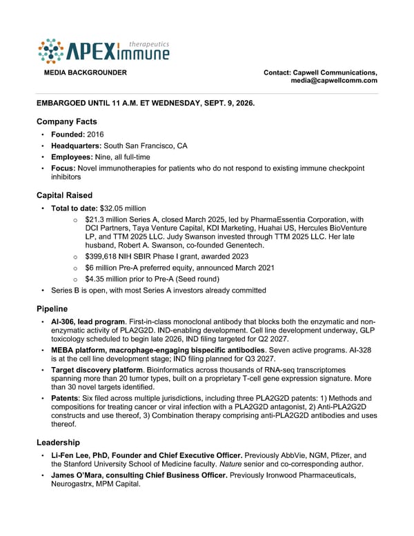 Apex Immune Therapeutics Company Overview - Page 1